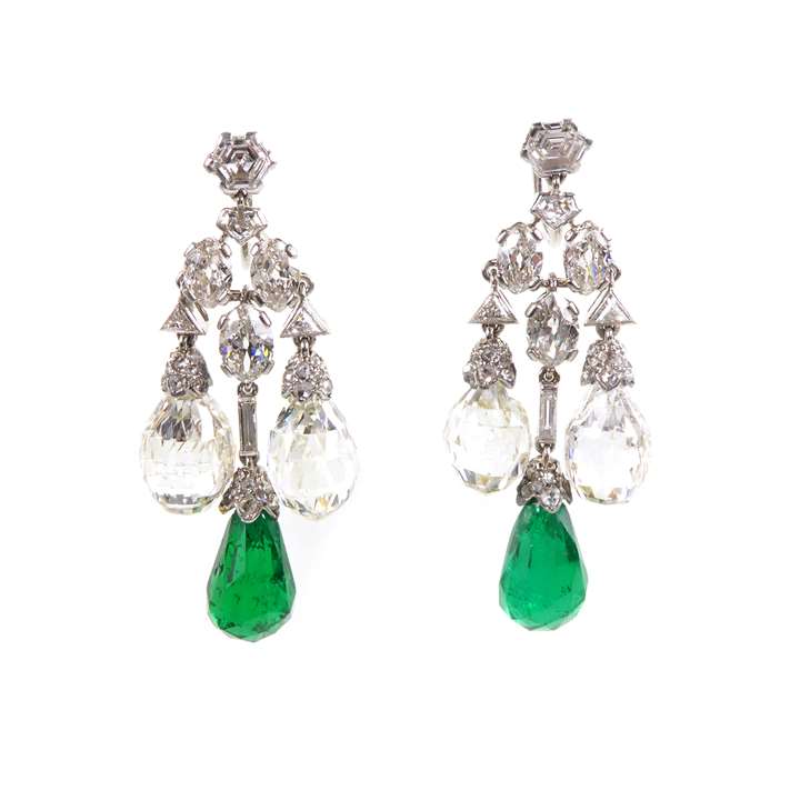 Pair of emerald and diamond briolette triple drop earrings